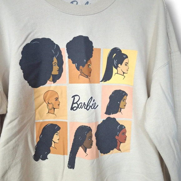 Barbie Womens Cropped Sweatshirt Long Sleeve Graphic Hairstyles Oatmeal Color - Picture 2 of 12
